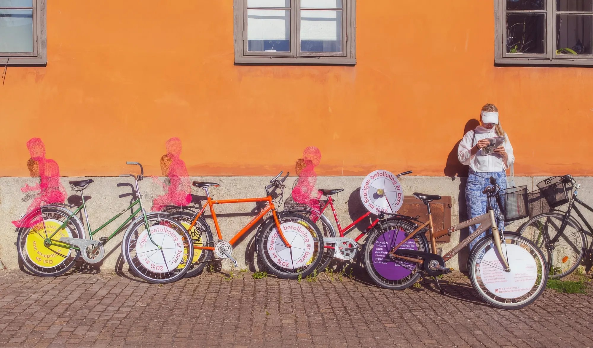 Bicycles at Almedalen carrying the campaign message, with the pink wire figures