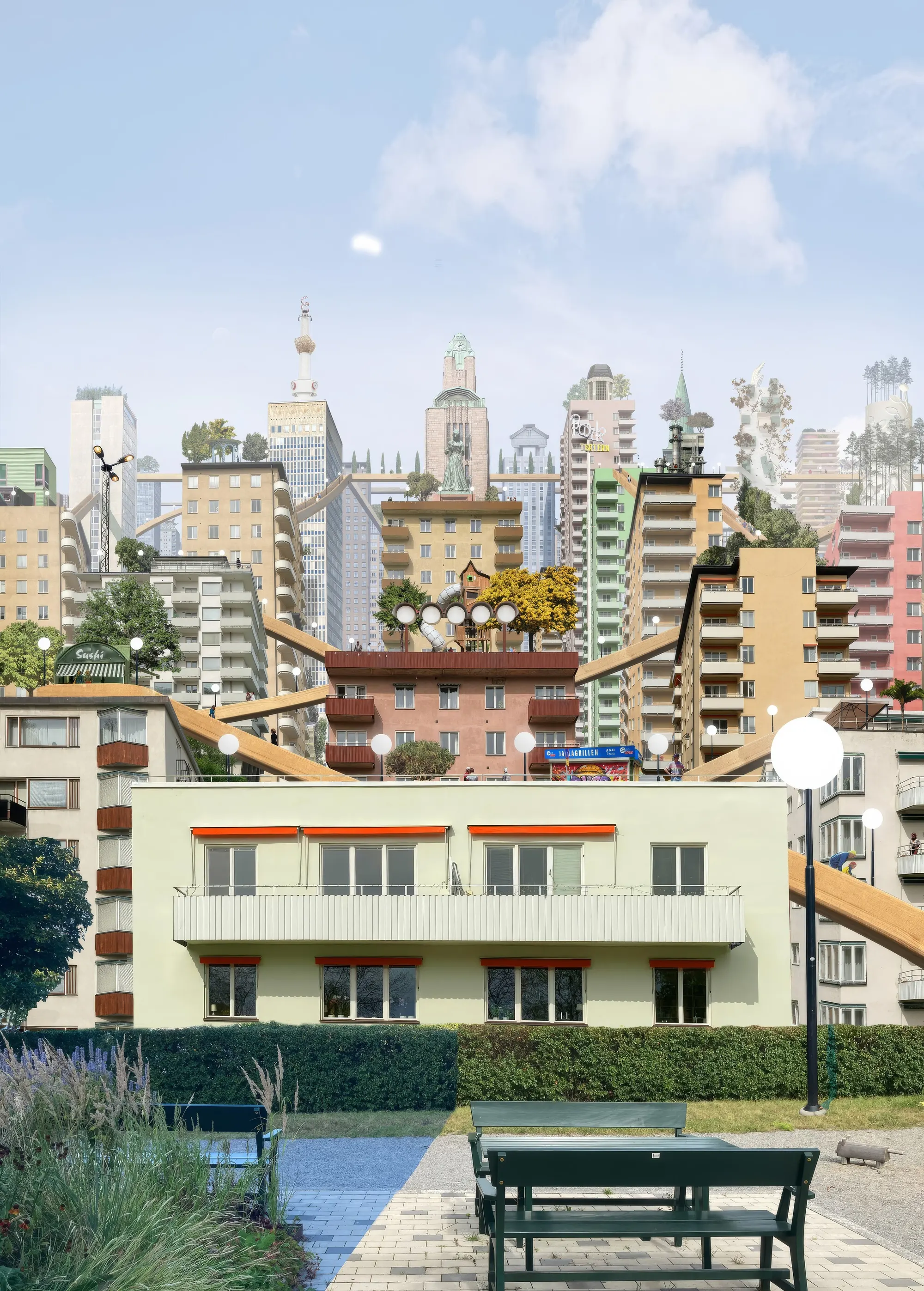 The park seen from the terraces, looking up towards the new district
