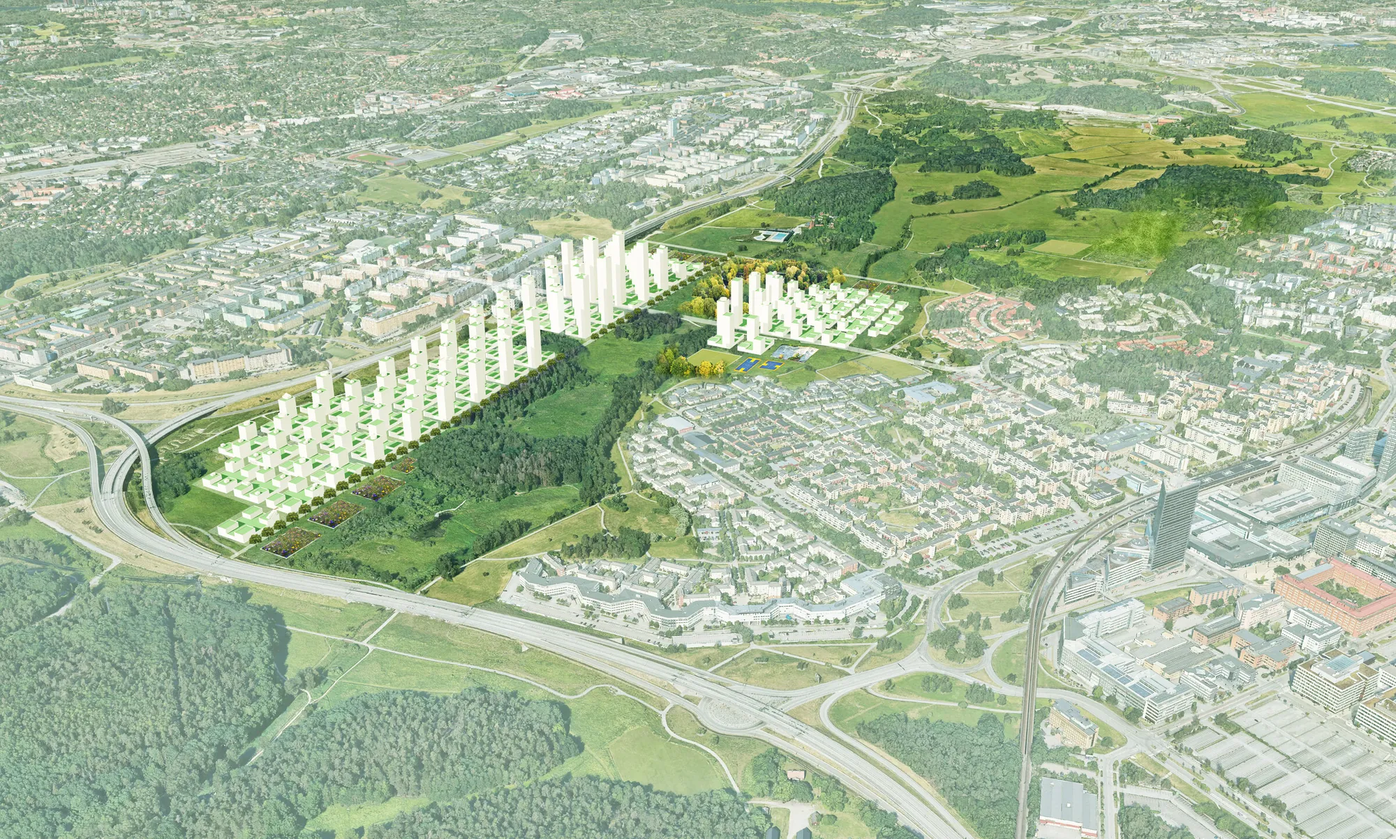 Aerial view of the new city edge and the park