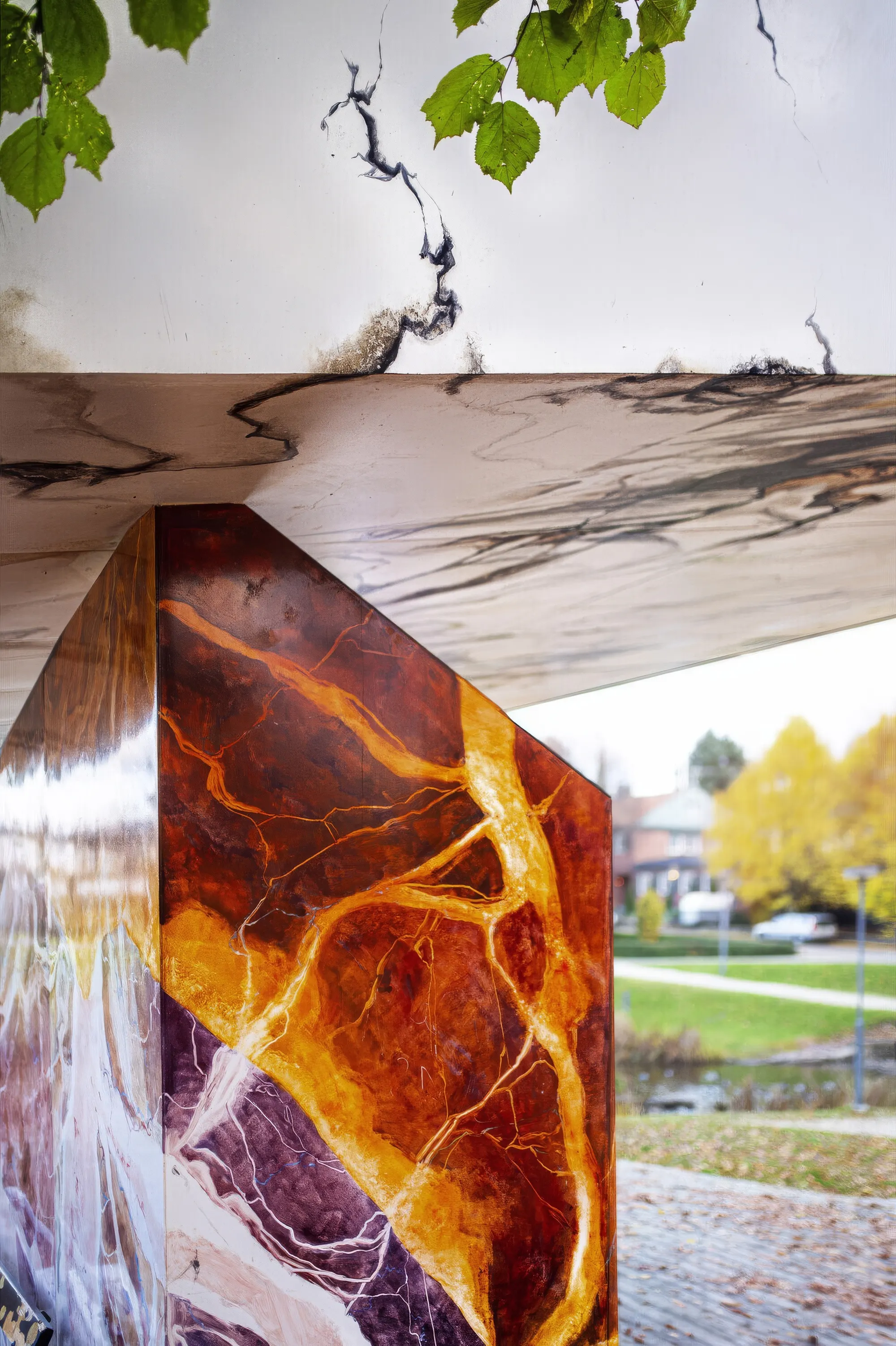 Close-up of the hand-painted red faux marble
