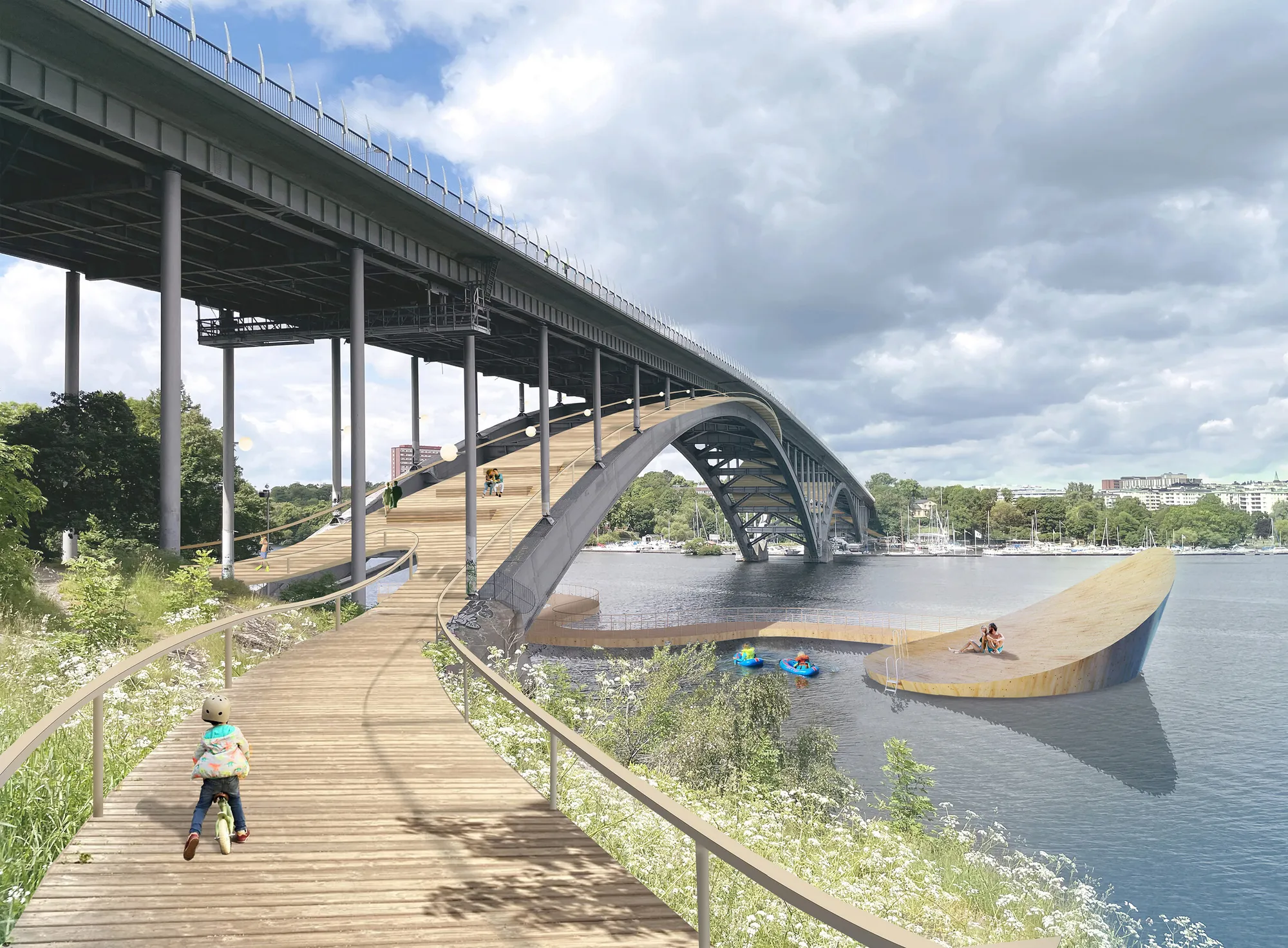 Walkway hung under the arches of Västerbron