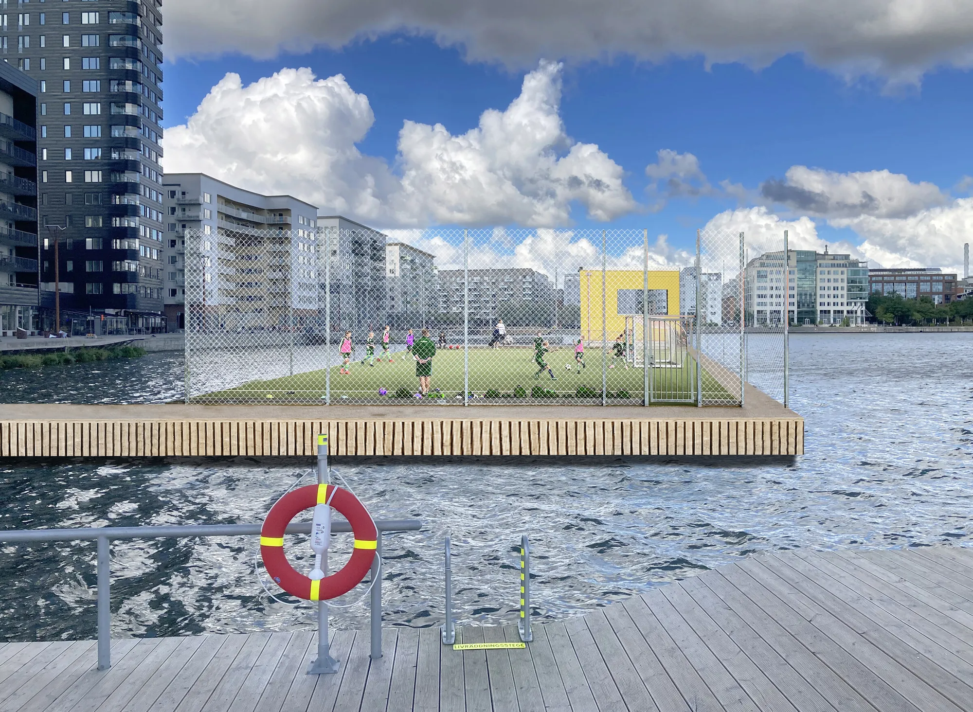 Floating football field at Liljeholmskajen